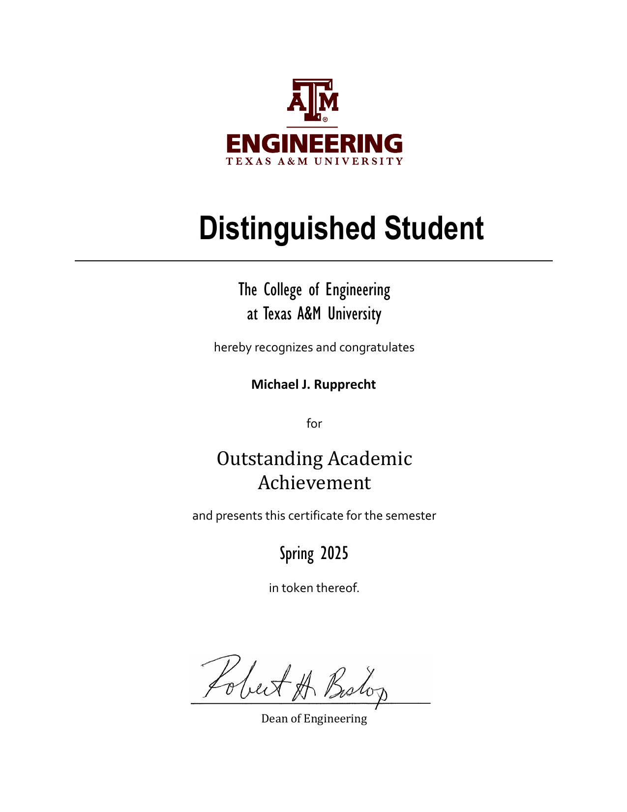 Dean's Distinguished Student Award